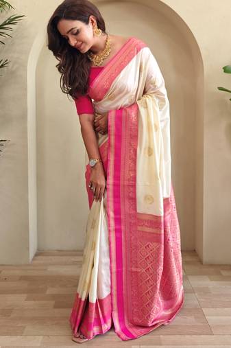 Cream woven silk saree with blouse piece