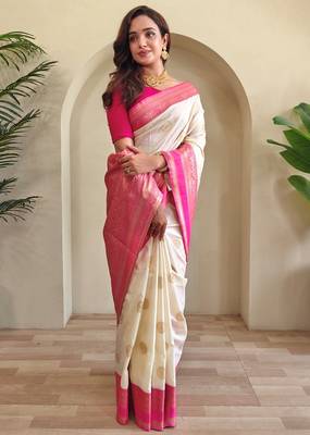 Cream woven silk saree with blouse piece 3