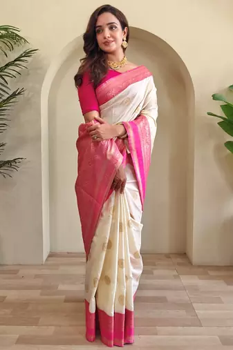Cream woven silk saree with blouse piece