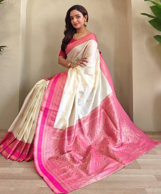 Cream woven silk saree with blouse piece 4