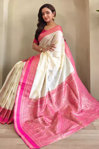 Cream woven silk saree with blouse piece
