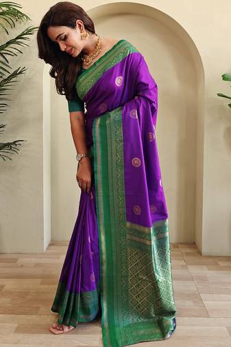 Purple woven silk saree with blouse piece