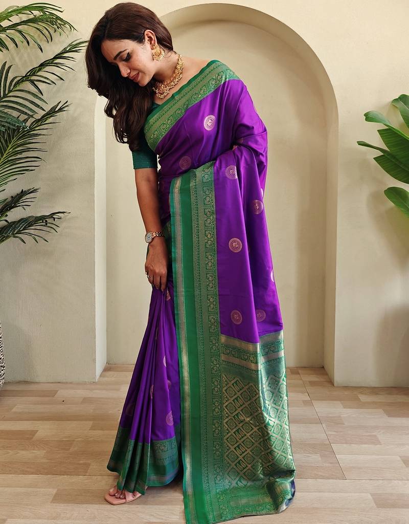 Purple woven silk saree with blouse piece