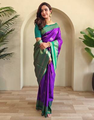 Purple woven silk saree with blouse piece 3