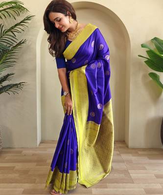 Blue woven silk saree with blouse piece 1