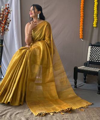 Gold woven tissue saree with blouse piece 2