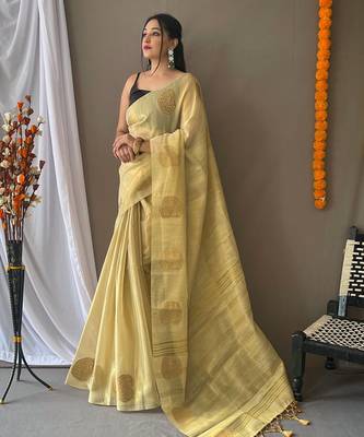 Beige woven tissue saree with blouse piece 1