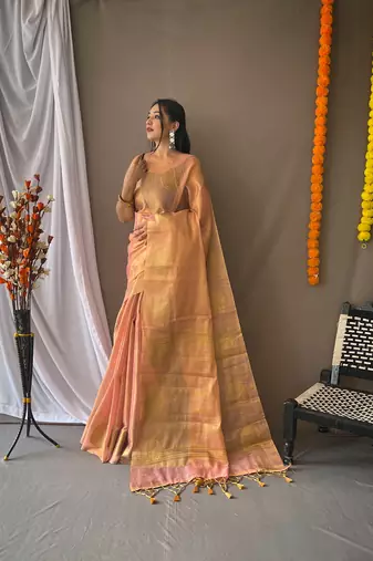 Peach woven tissue saree with blouse piece