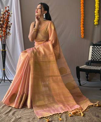 Peach woven tissue saree with blouse piece 2