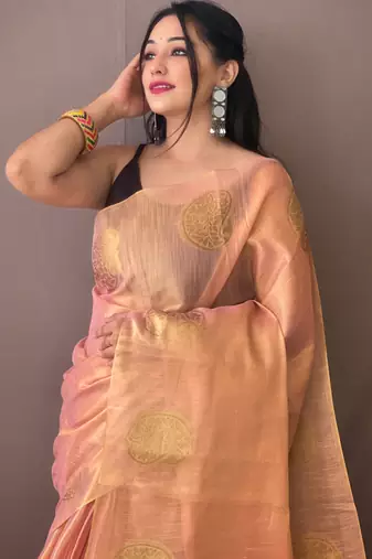 Peach woven tissue saree with blouse piece