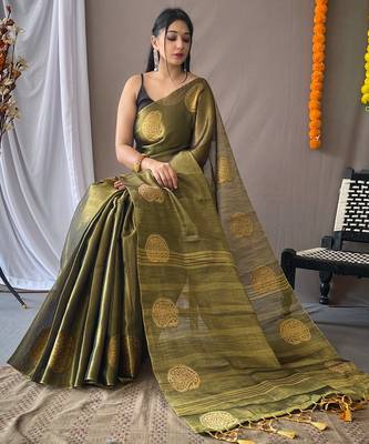 Mehendi woven tissue saree with blouse piece 2