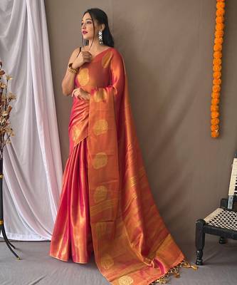Pink woven tissue saree with blouse piece 1