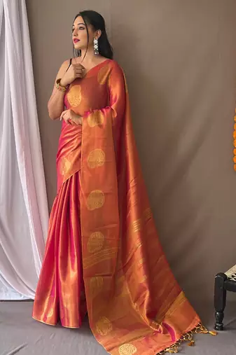 Pink woven tissue saree with blouse piece