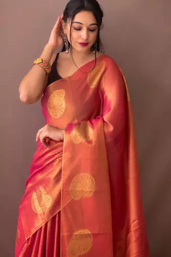 Pink woven tissue saree with blouse piece