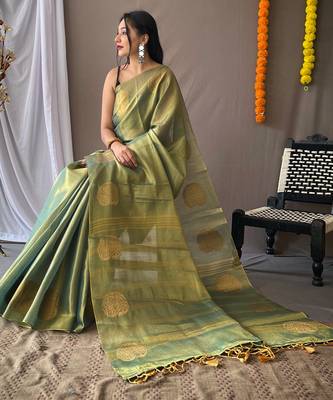 Green woven tissue saree with blouse piece 2