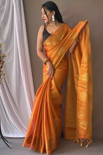 Orange woven tissue saree with blouse piece