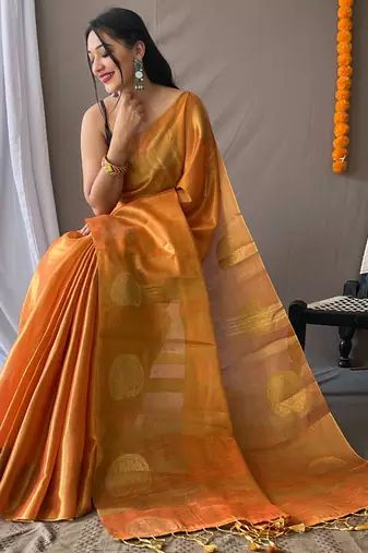Orange woven tissue saree with blouse piece