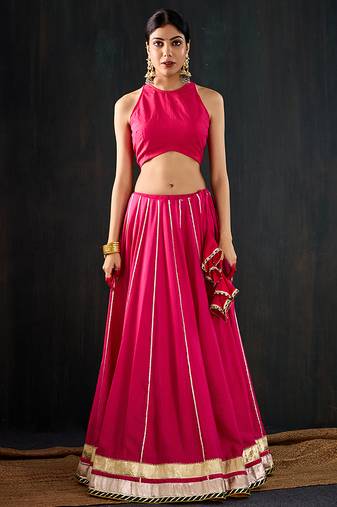 rani pink embroidered cotton silk Lehenga