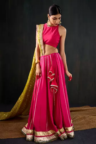 rani pink embroidered cotton silk Lehenga