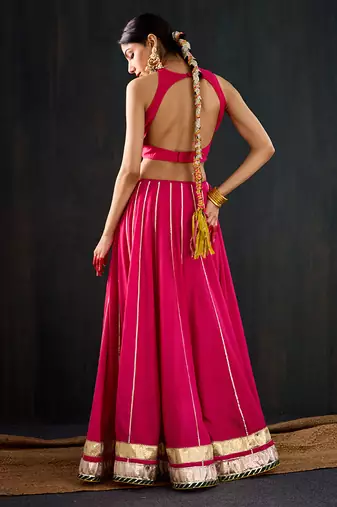 rani pink embroidered cotton silk Lehenga
