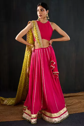 rani pink embroidered cotton silk Lehenga