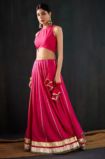 rani pink embroidered cotton silk Lehenga