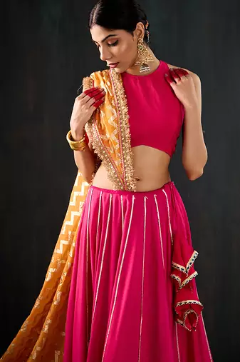 rani pink embroidered cotton silk Lehenga