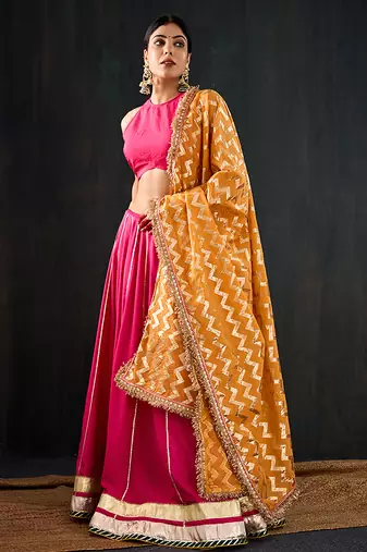 rani pink embroidered cotton silk Lehenga