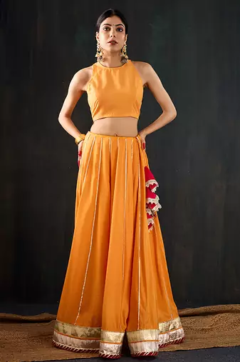 orange embroidered cotton silk Lehenga