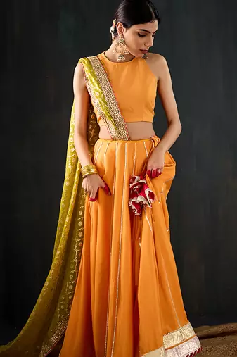orange embroidered cotton silk Lehenga