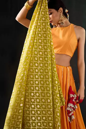 orange embroidered cotton silk Lehenga