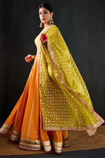 orange embroidered cotton silk Lehenga