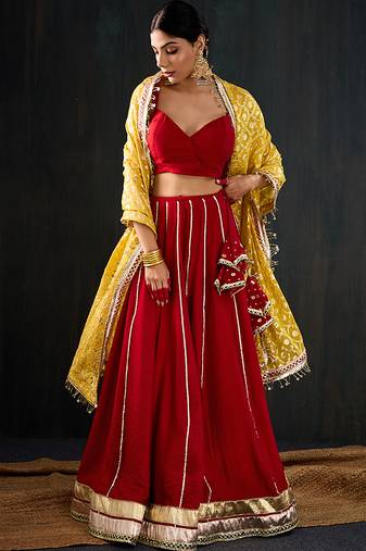 red embroidered cotton silk Lehenga