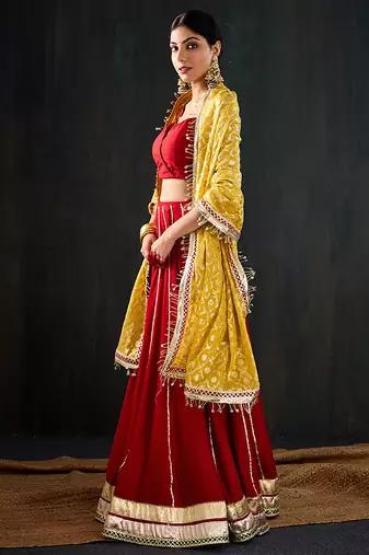 red embroidered cotton silk Lehenga