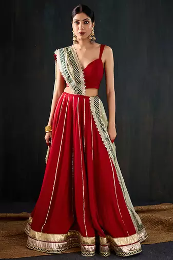 red embroidered cotton silk Lehenga