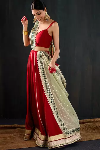 red embroidered cotton silk Lehenga