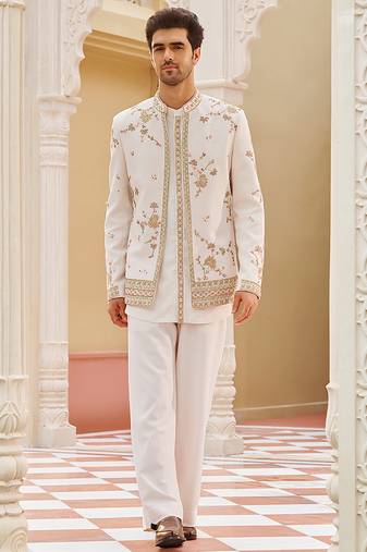 ivory cotton kurta jacket set with gold embroidery