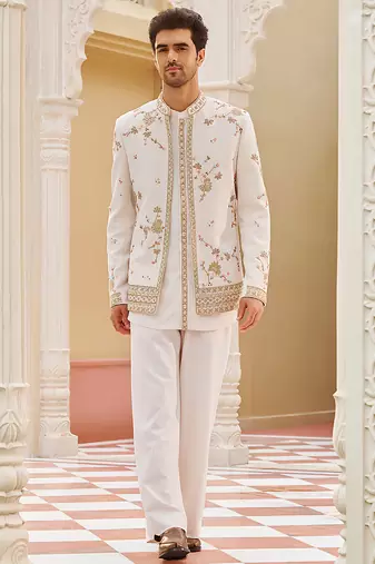 ivory cotton kurta jacket set with gold embroidery