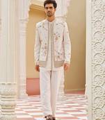 ivory cotton kurta jacket set with gold embroidery