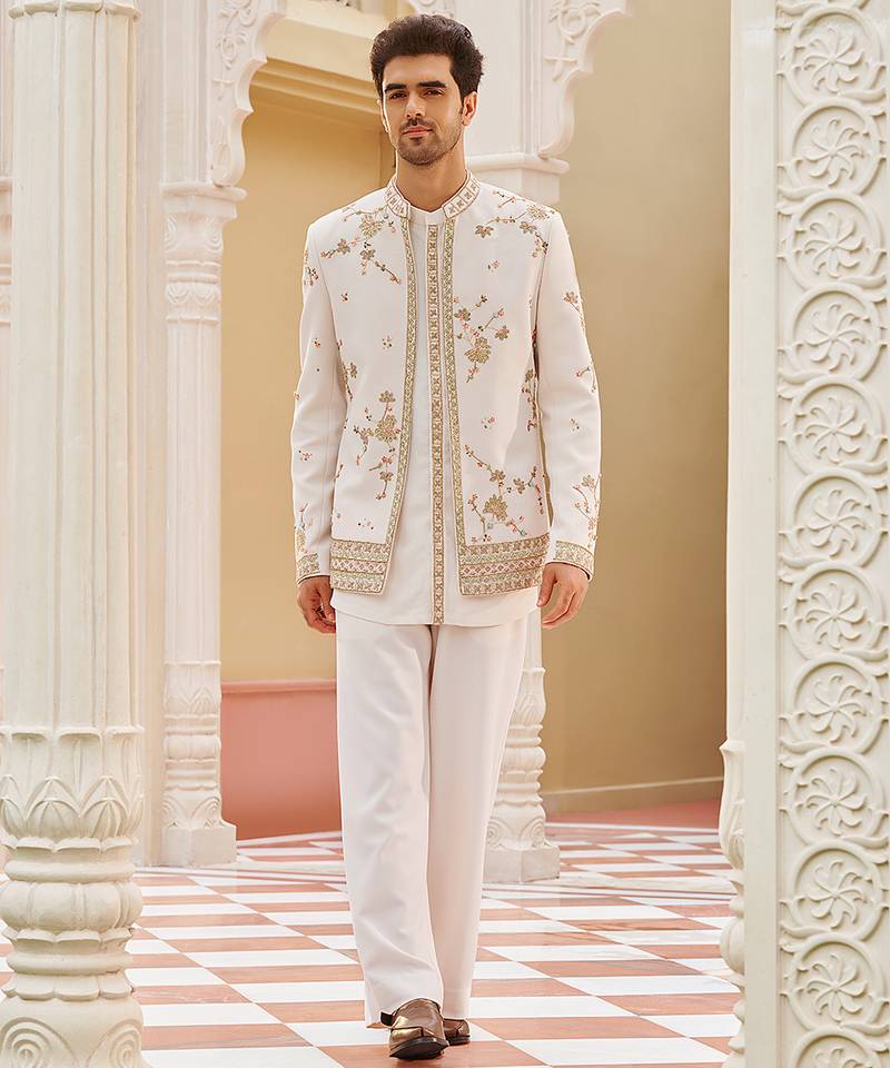 ivory cotton kurta jacket set with gold embroidery