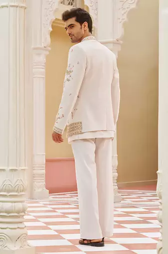 ivory cotton kurta jacket set with gold embroidery