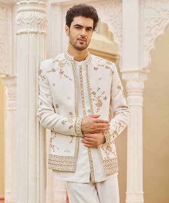 ivory cotton kurta jacket set with gold embroidery 3