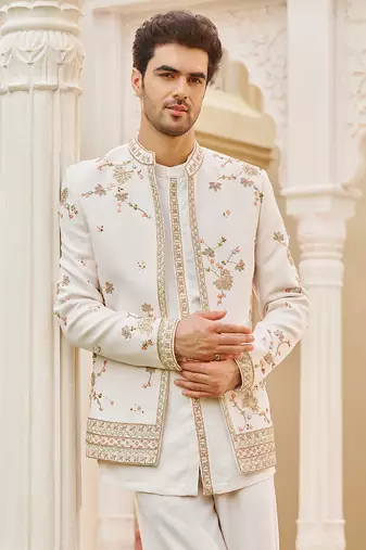 ivory cotton kurta jacket set with gold embroidery