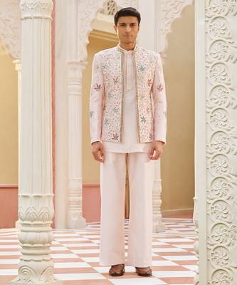 pink silk kurta jacket set with embroidered work 1