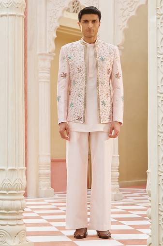 pink silk kurta jacket set with embroidered work