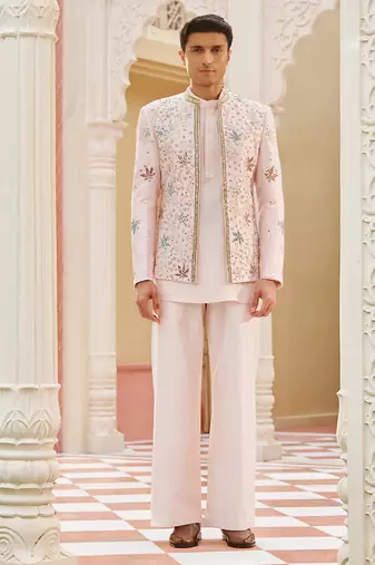 pink silk kurta jacket set with embroidered work