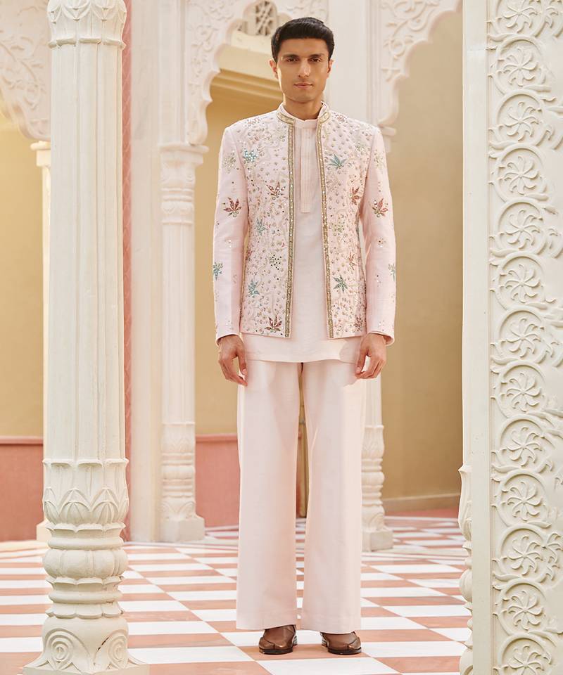 pink silk kurta jacket set with embroidered work