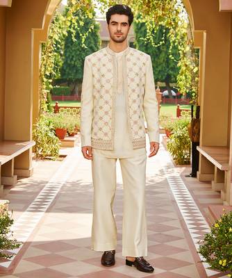 beige silk kurta jacket set with lattice embroidery 1