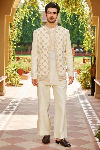 beige silk kurta jacket set with lattice embroidery