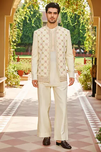 beige silk kurta jacket set with lattice embroidery